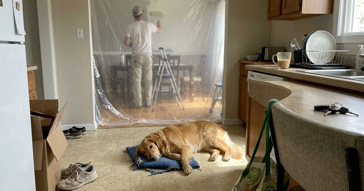 Family dog resting in the kitchen while a painter works behind plastic sheeting