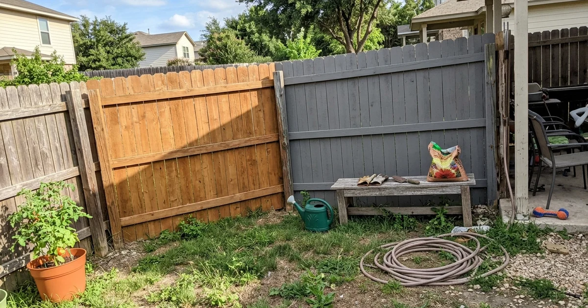 Fence with semi-transparent cedar-tone stain next to a section in solid gray stain