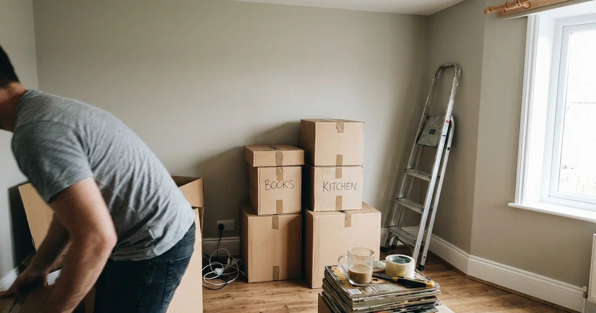 Freshly painted neutral living room with moving boxes stacked by the wall