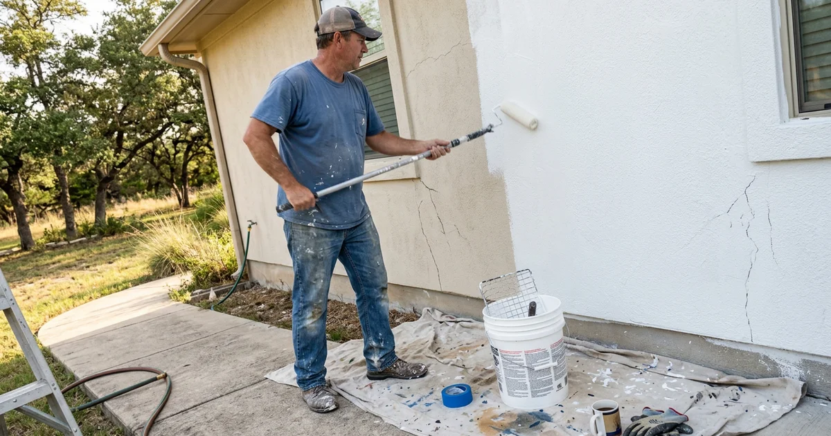 Painter rolling thick elastomeric coating over a Hill Country stucco wall with hairline cracks