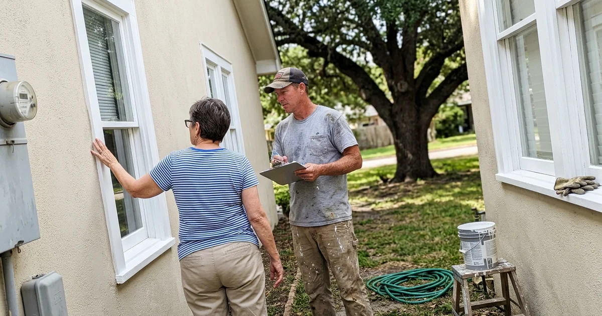 Homeowner and painter inspecting exterior trim together during a walkthrough