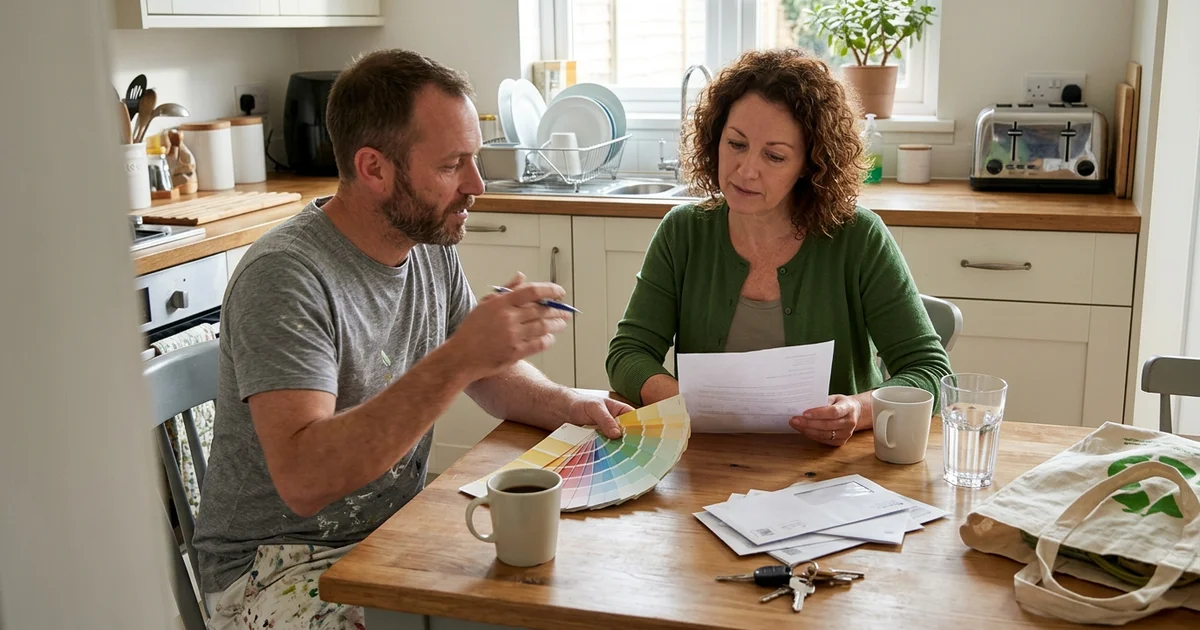 Homeowner reviewing a written painting quote at the kitchen table with a painter