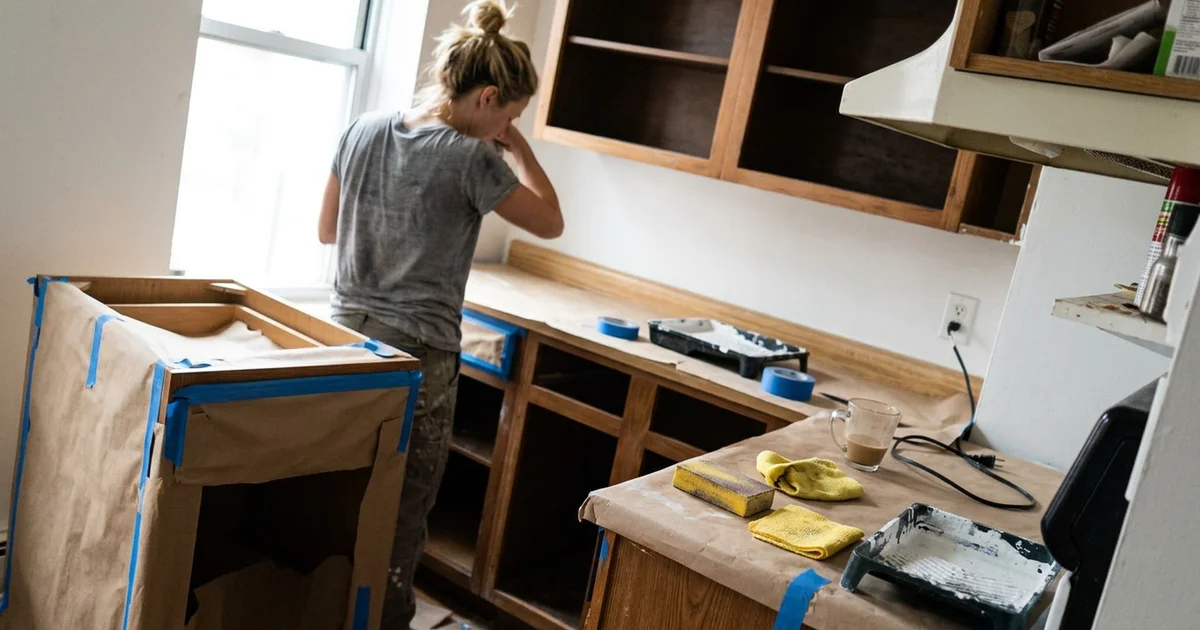 Kitchen halfway through cabinet painting with doors removed and boxes masked