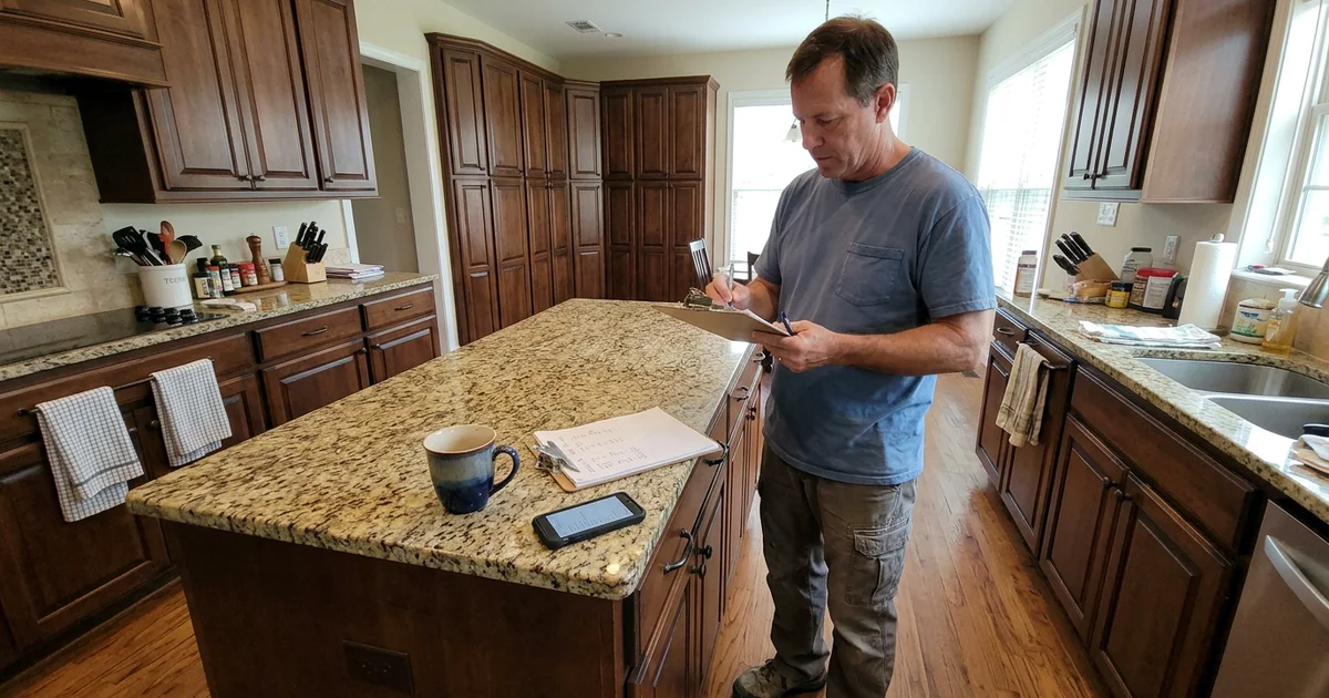 Large Texas kitchen with an island and a painter counting cabinet doors on a clipboard