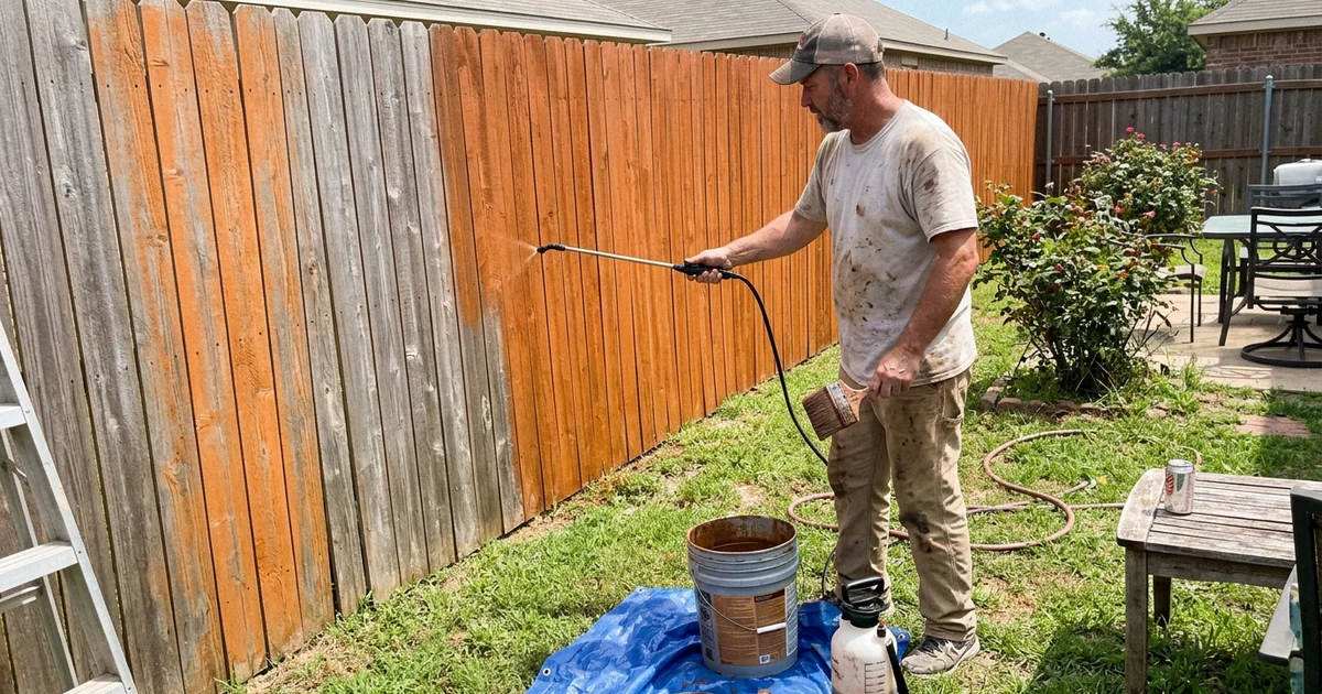 Long backyard cedar fence being stained with a sprayer and back-brush