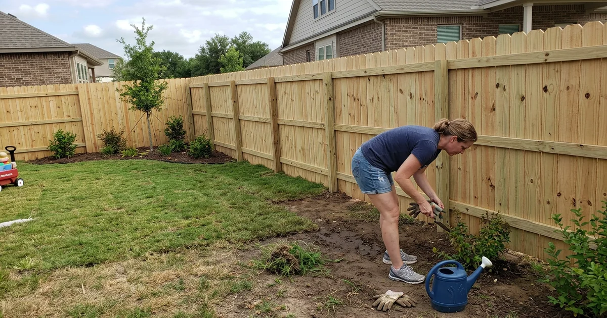 Newly built pressure-treated pine fence in a new subdivision backyard