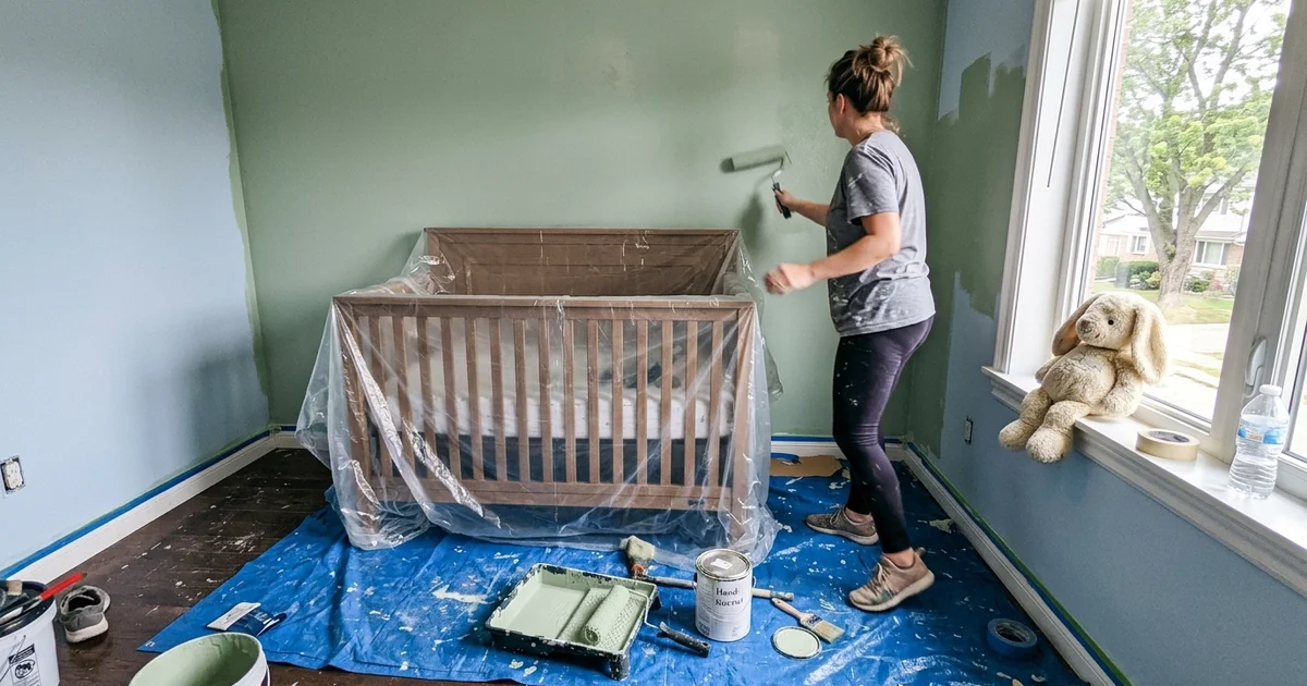 Nursery being painted a soft color with the crib wrapped in plastic
