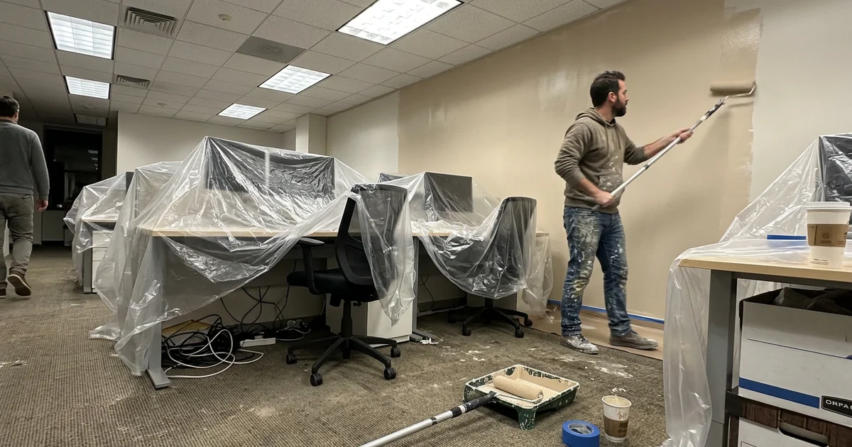 Office at night with desks covered in plastic and a painter rolling a wall