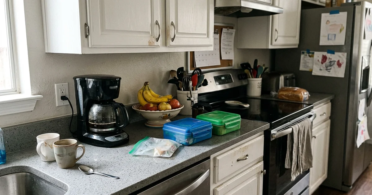 Painted white kitchen cabinets in daily use with a coffee maker and fruit bowl on the counter