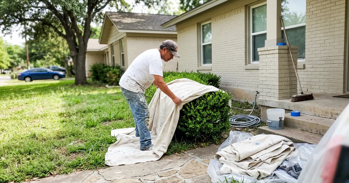 Painter covering shrubs and a walkway with drop cloths before exterior painting