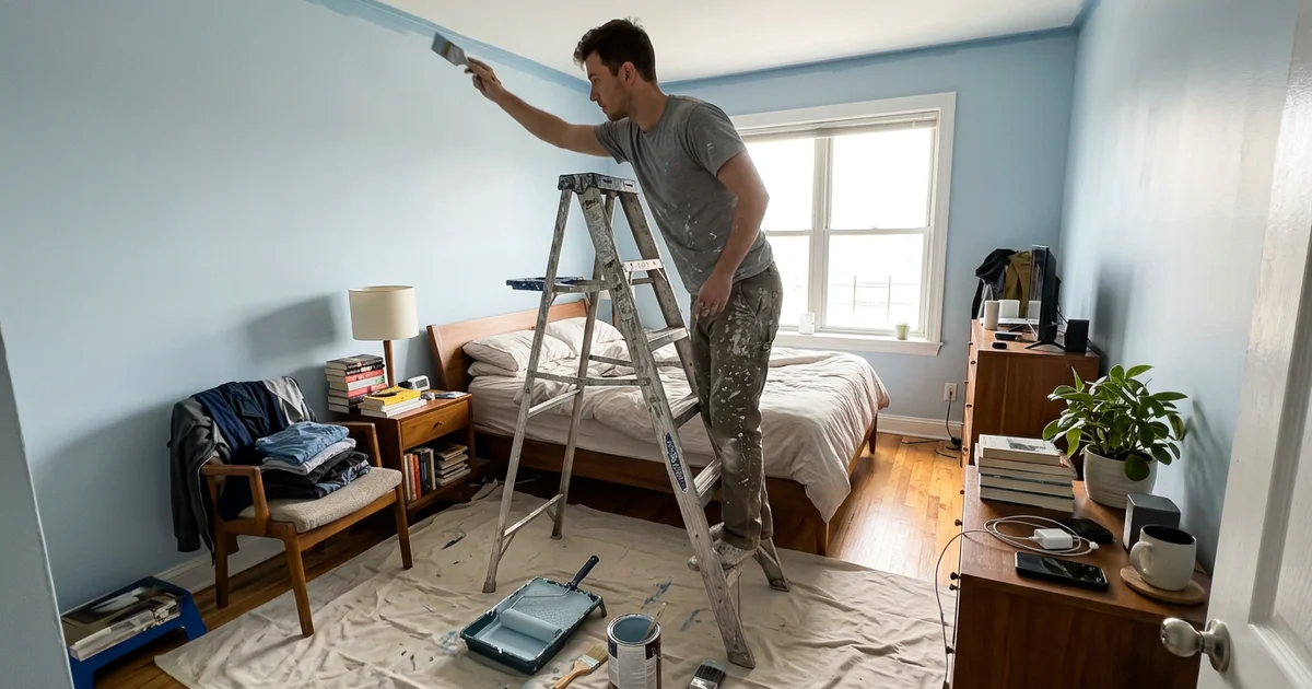 Painter cutting in along the ceiling line in a bedroom with a step ladder nearby