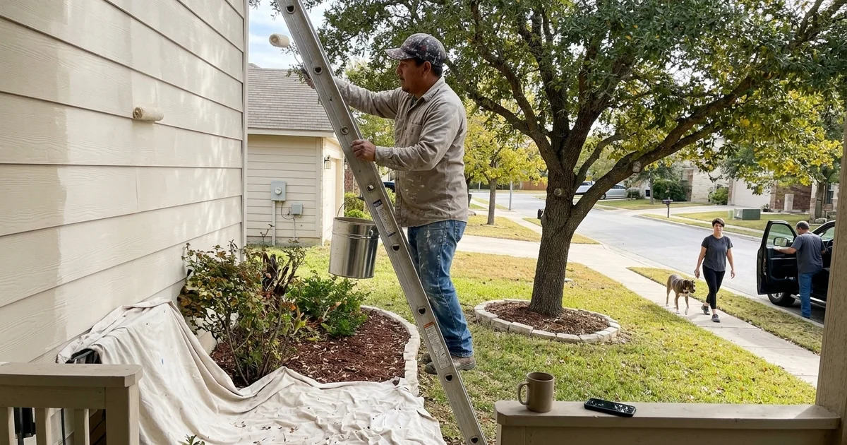 Painter on a ladder repainting siding of a Central Texas home on a clear fall morning