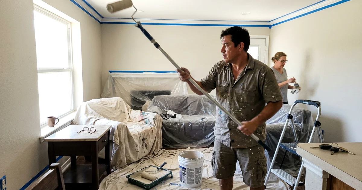 Painter rolling a ceiling on an extension pole with walls taped below
