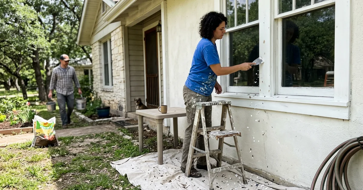 Painter scraping loose paint off wood trim on a Central Texas house, paint chips on the drop cloth below