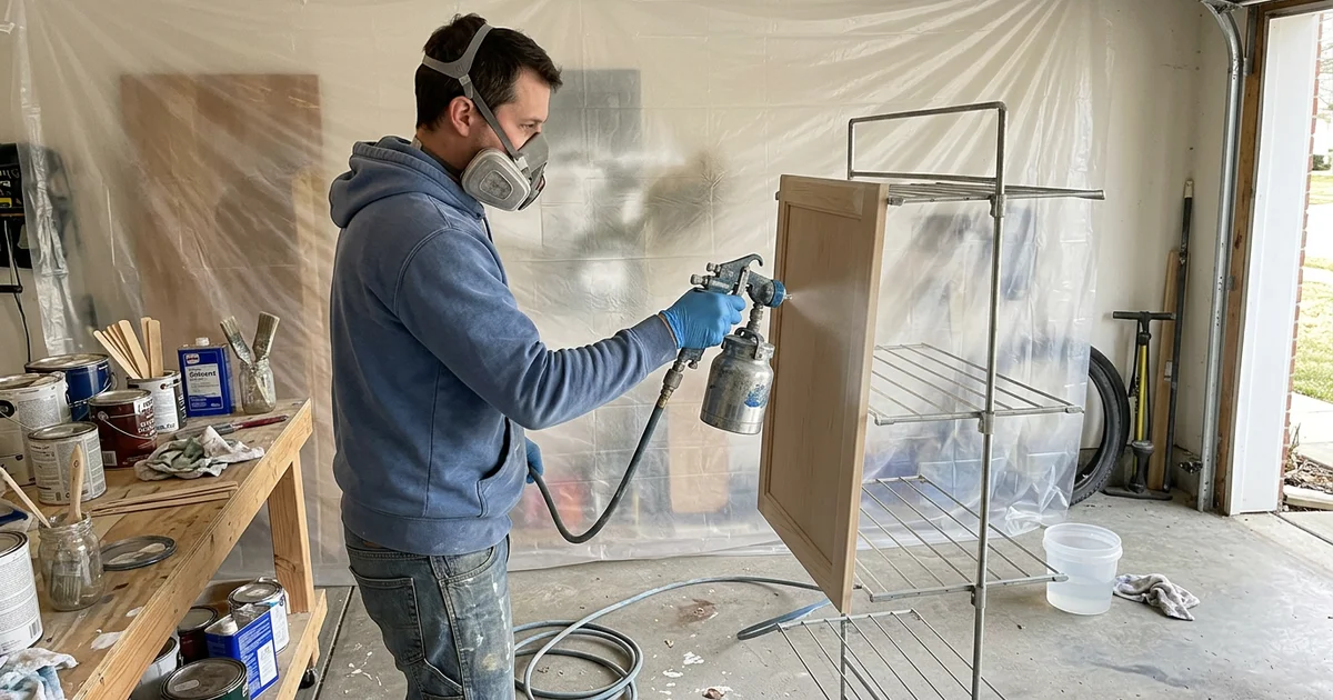 Painter spraying a cabinet door with an HVLP gun on a drying rack in a garage