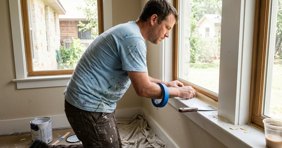 Crew lead Owen Callahan checking masking tape on window trim of an Austin home