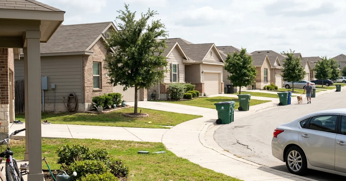Row of suburban Texas homes in muted approved colors on a quiet HOA street