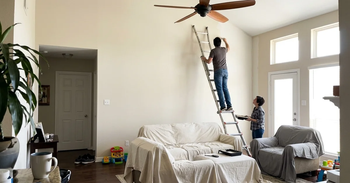 Tall vaulted living room in a Texas home being painted from a tall ladder