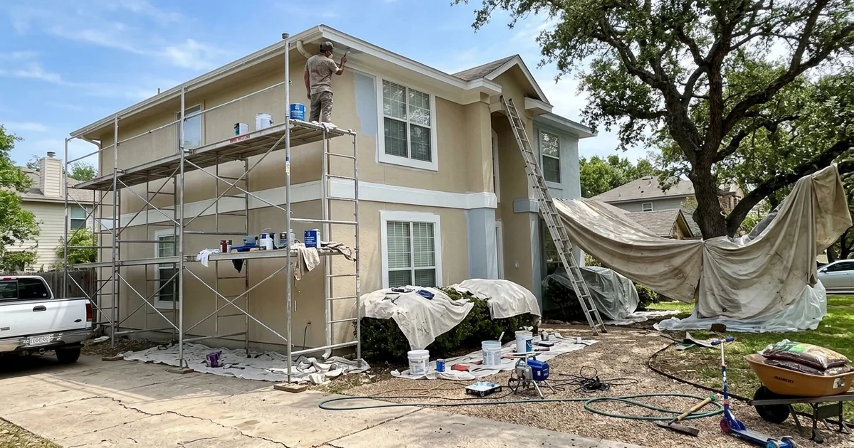 Two-story Central Texas home with scaffolding and ladders during an exterior repaint