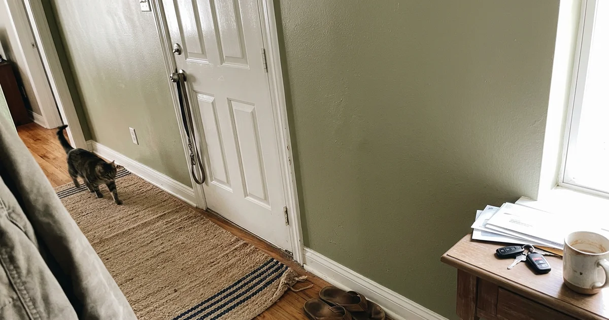 Satin wall catching window light beside glossy white trim and a door