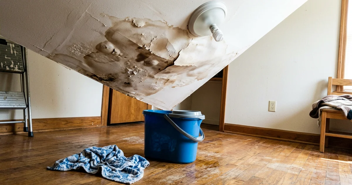 Water-stained, sagging ceiling drywall with a bucket on the floor below