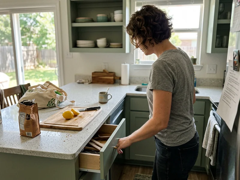 Homeowner opening a smooth painted cabinet drawer in a bright kitchen