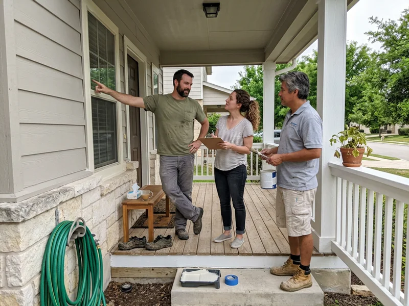 Homeowners and a painter doing a final walkthrough on the porch of a freshly painted home