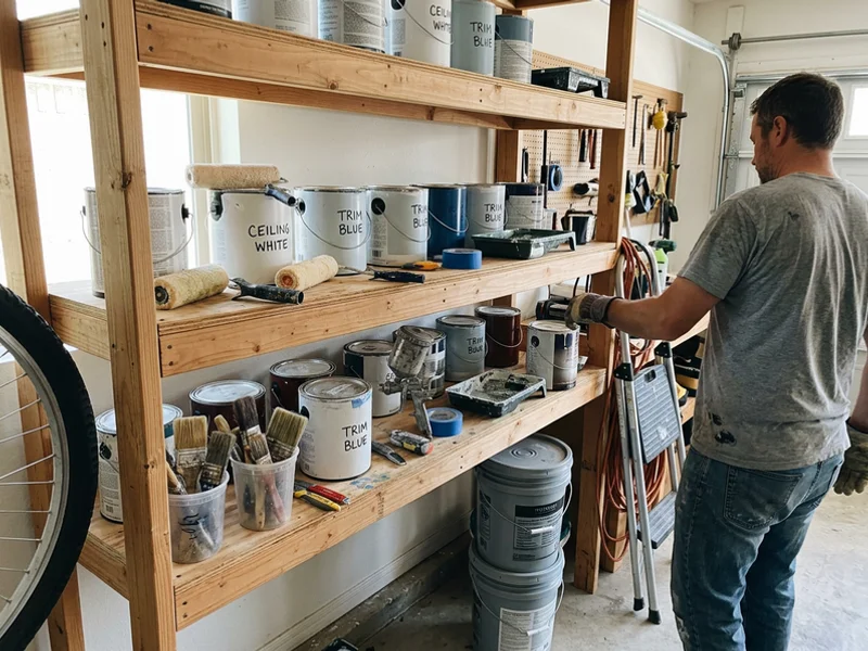 Organized paint shop with labeled cans, rollers and spray equipment