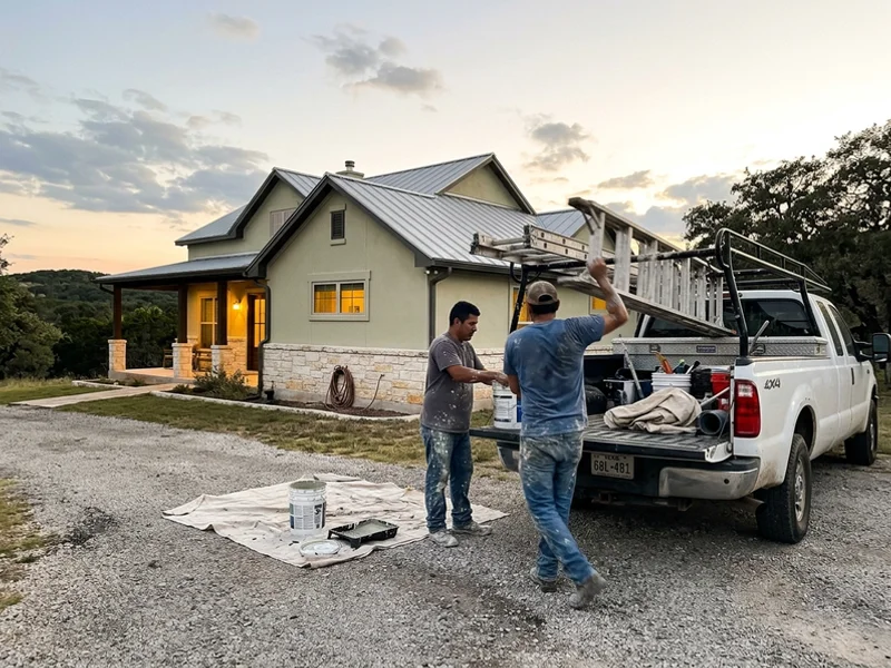 Painting crew loading ladders into a work truck outside a freshly painted Hill Country home
