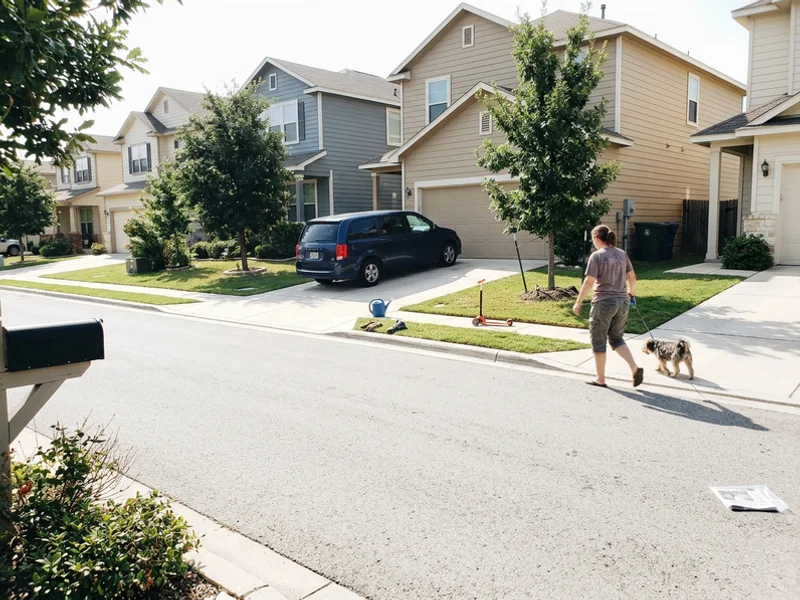 Suburban Central Texas street with freshly painted homes in HOA-approved colors