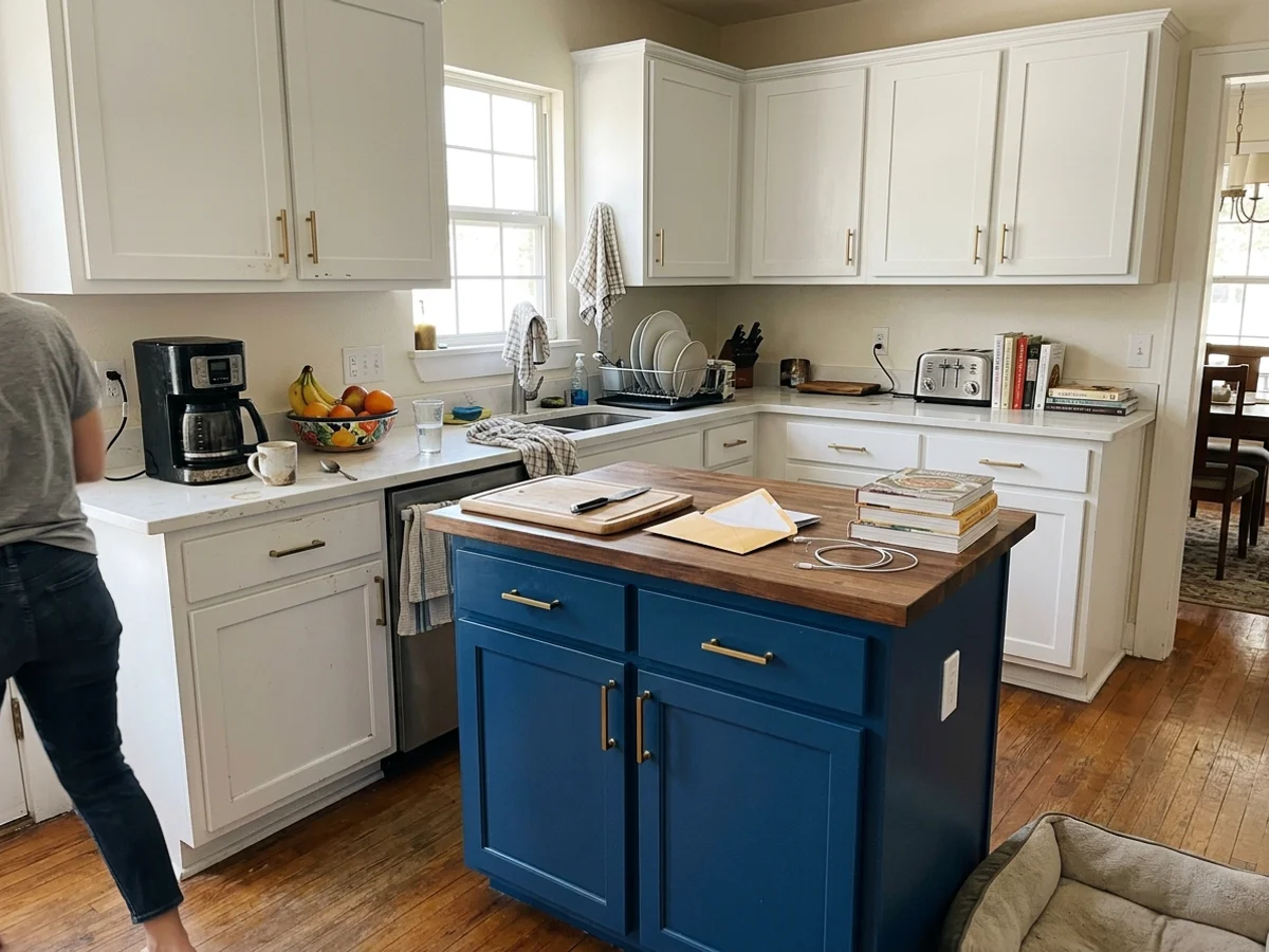 Austin kitchen with freshly painted white cabinets and a deep blue island