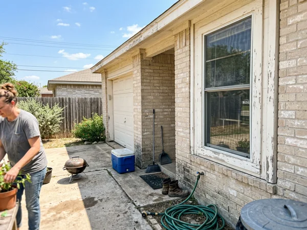 Before: faded, chalky west wall and peeling trim on a 1990s Central Texas home