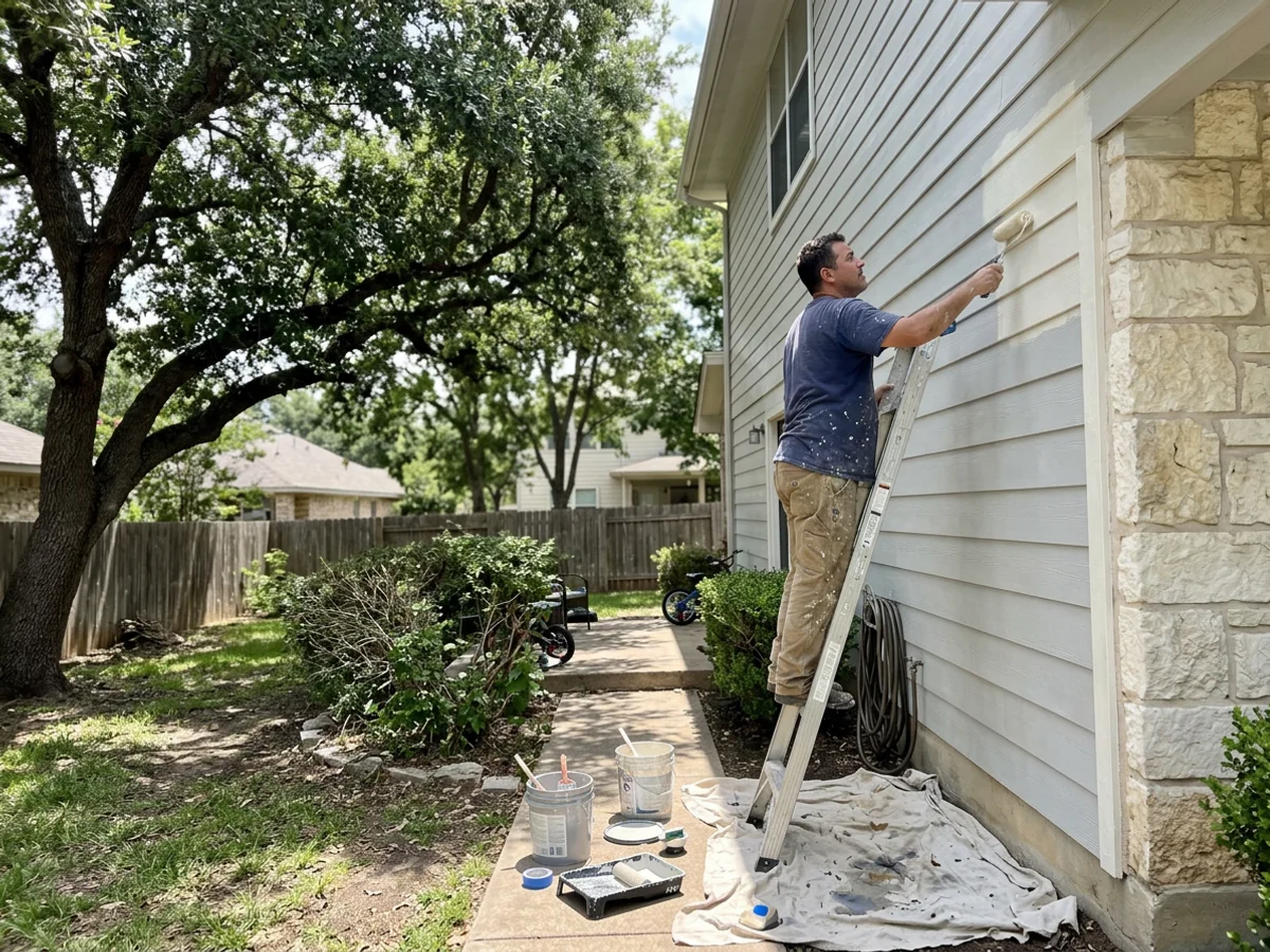 Painter rolling fresh paint onto fiber cement siding of an Austin home with limestone accents