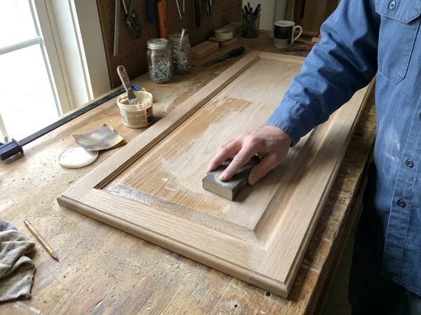 Applying grain filler to an oak cabinet door