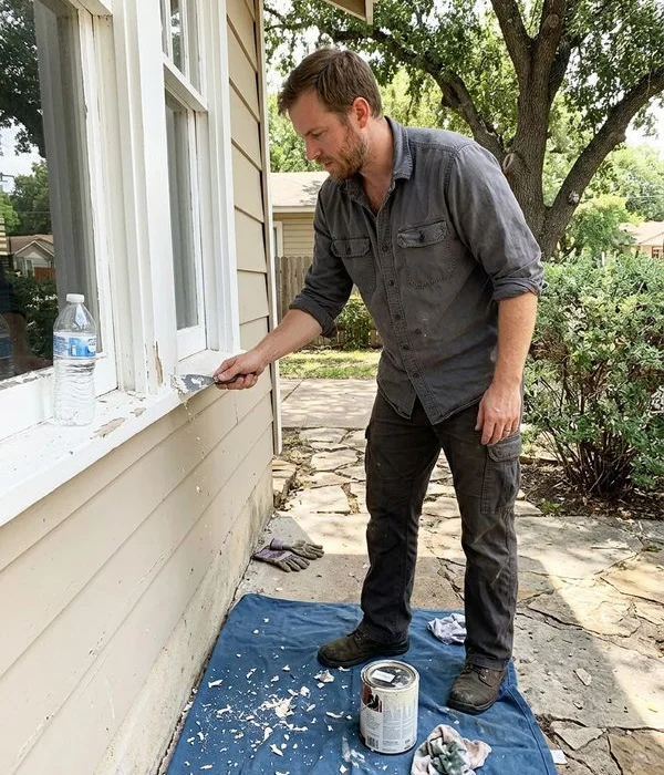 Crew lead scraping old paint from window trim on a Central Texas house