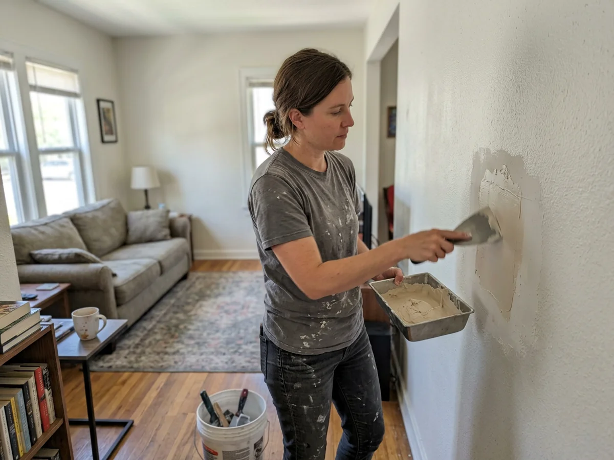 Painter feathering joint compound over a drywall patch in a living room