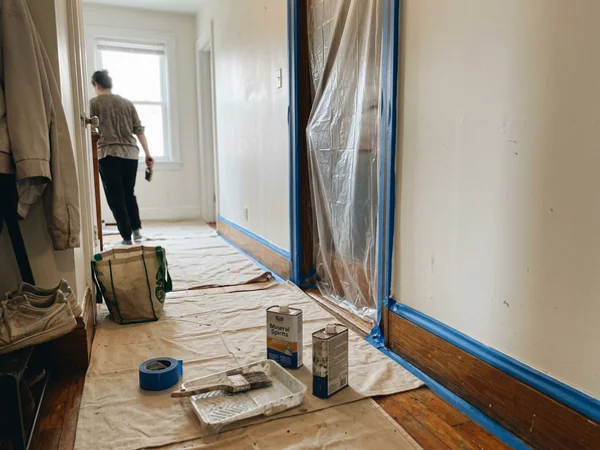 Hallway taped and protected mid-project