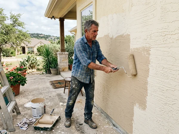 Rolling elastomeric coating on a Hill Country stucco wall