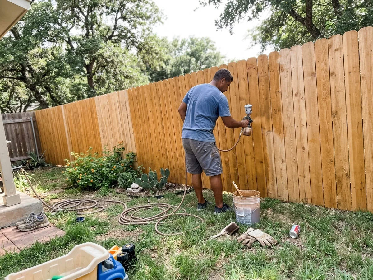 Cedar privacy fence being stained a warm tone in an Austin backyard