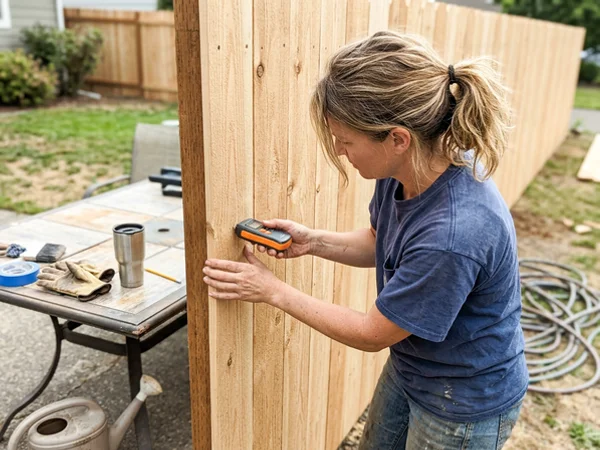 Moisture meter on a new cedar picket