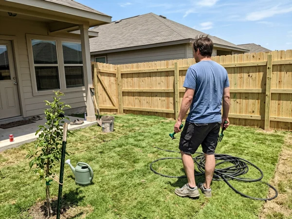 New pressure-treated pine fence in a newer subdivision