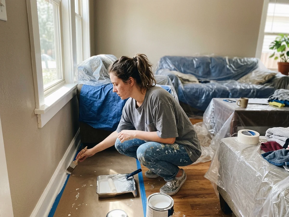 Painter cutting in along white trim in a sunny Austin living room with furniture covered