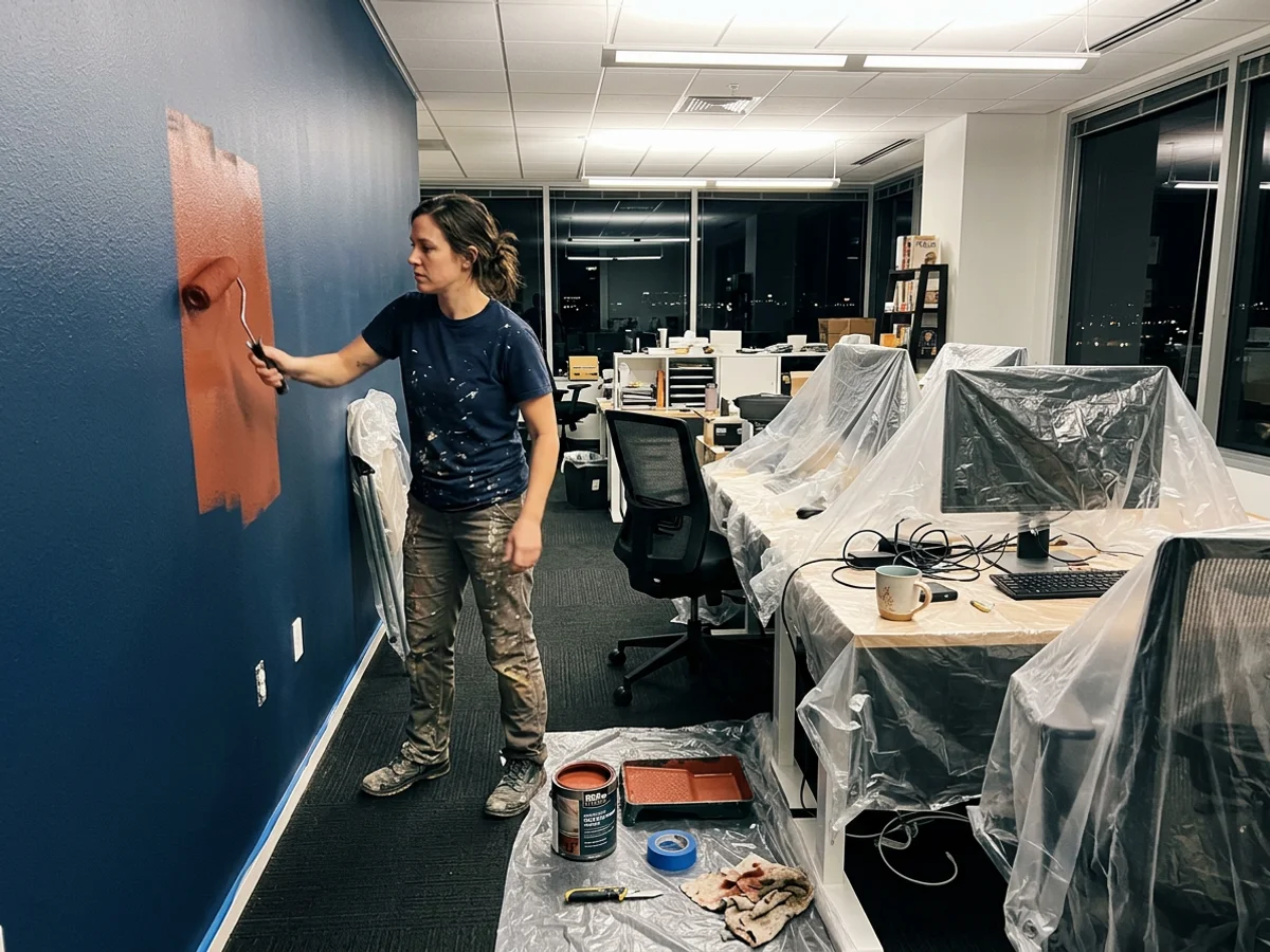 Painter rolling an office wall at night with desks wrapped in plastic